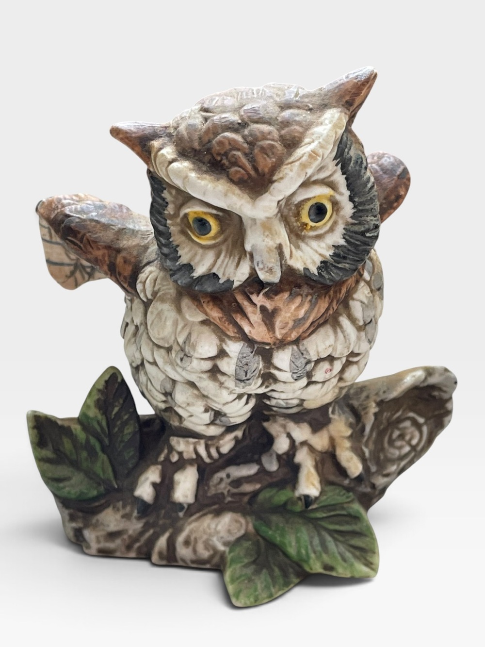 Vintage 70s 80s Ceramic Porcelain Owl Figurine Branch Green Leaves 6 Inch